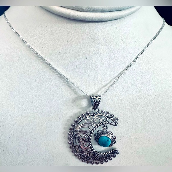 Genuine Blue Ridge Turquoise Crescent Moon SS Pendant on SS Chain Necklace NWT - Picture 5 of 12